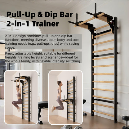 Swedish Ladder Pro, Wood Stall Bar with Push-Through Bar, Adjustable Pull-Up Dip Bar for Adults and Kids, Accessories Bundle, Spring, for Home, School, Physical Therapy and Gymnastics (40"x90“x26")