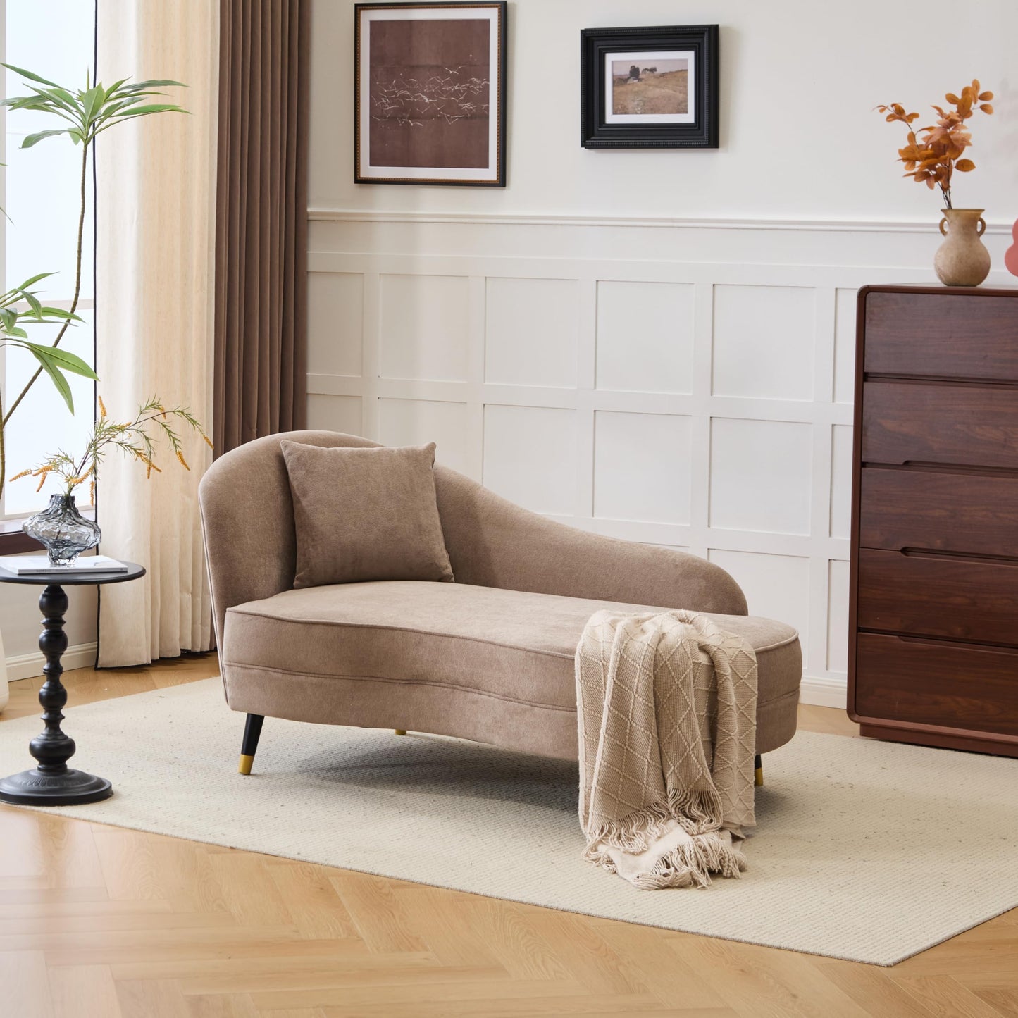 Christopher Knight Home Harlow Velvet Upholstered Chaise Lounge Chair Indoor, Wooden Chaise Lounge Sofa with Accent Pillow, Living Room Lounge Chair with Left Armrest, Camel