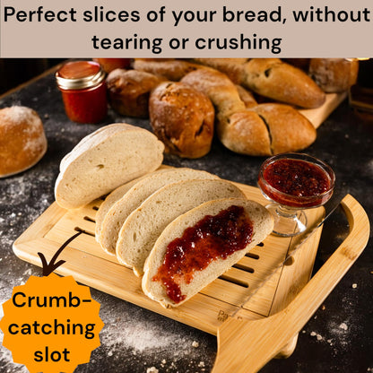 Bread Cutting Board, Bread slicer,Crumb Tray with holder,Bread Serving for Kitchen-Complete set for Slicing Homemade Bread- bow knife (16") Cutting Board (15x9,5") with Crumb