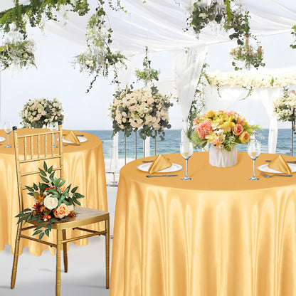 KKJIAF 4 Pack 120 Inch Round Tablecloth Satin Gold Round Table Cover, Silky Satin Dining Table Cloth for Wedding, Party, Banquet, Restaurant, Formal Events