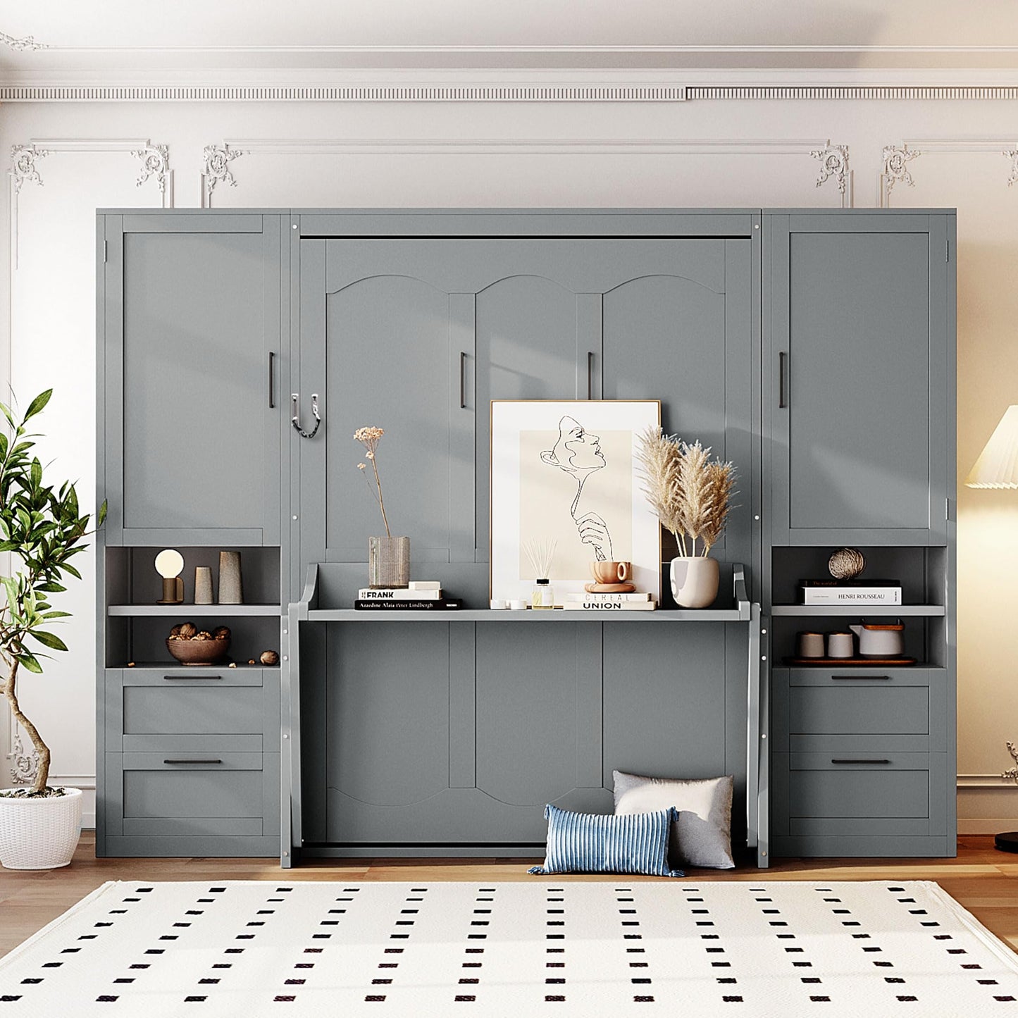 Merax Full Size Murphy Bed with Desk, Closet, Drawers and Shelves, Multifunctional Foldable Wood Platform Bed Frame for Small Spaces Studio Study Office Guest Room, Space-Saving Design, Gray