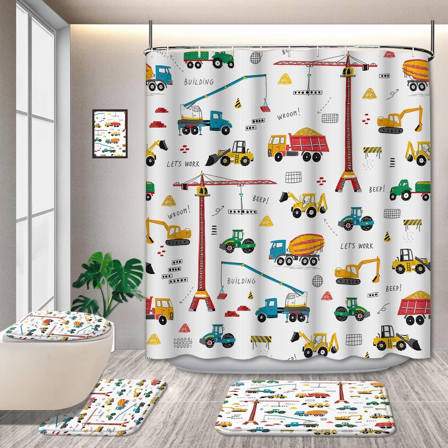 GRIEKOWE 4 Sets, Bulldozer Set, 72x72in Pcs Excavator Kids Shower Curtain Tractor Machinery Trucks, Construction