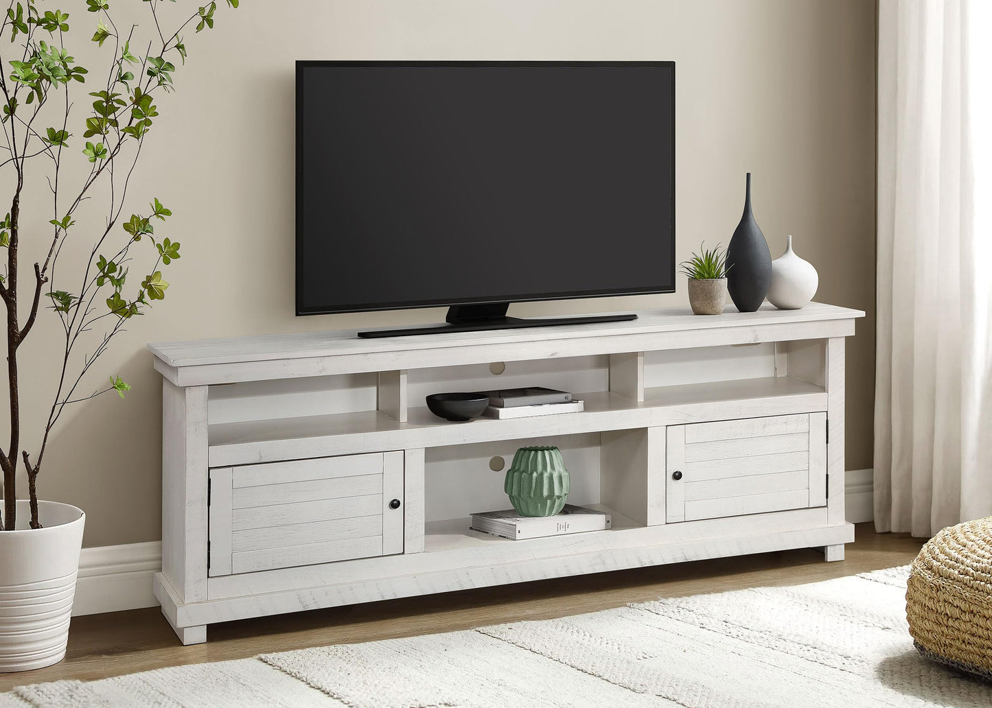 Coaster Home Furnishings - Payne - Wood - TV Stand with Two Door Cabinets, Open Shelves, Six Compartments and Farmhouse Style - Living Room - 70-Inch - Distressed White - 710053
