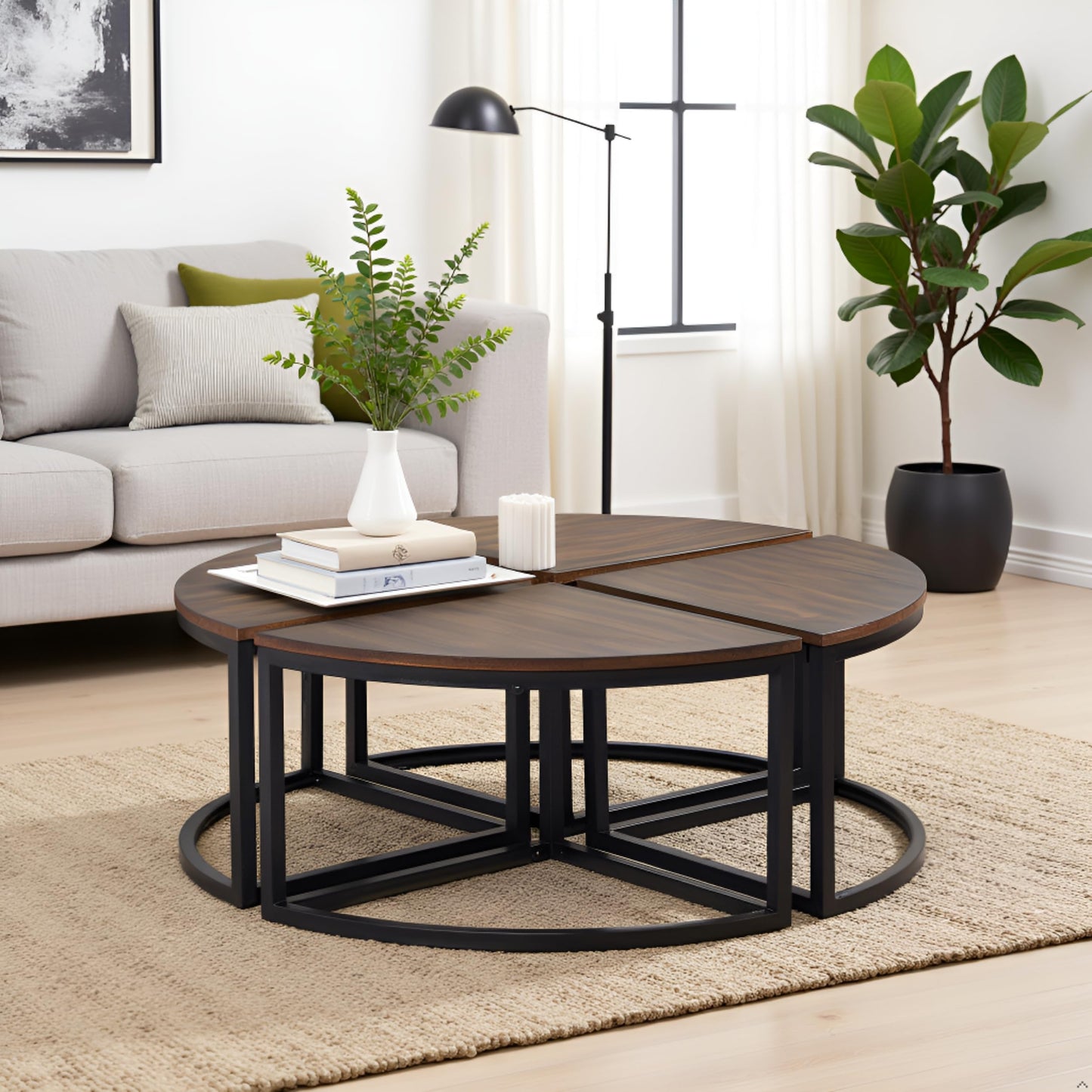 Alaterre Furniture Arcadia Round Acacia Wood Nesting Tables – 4-Piece Modular Wedge Coffee Table Set with Industrial Metal Legs – Living Room Accent Tables with Space-Saving Design (Antiqued Mocha)