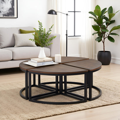 Alaterre Furniture Arcadia Round Acacia Wood Nesting Tables – 4-Piece Modular Wedge Coffee Table Set with Industrial Metal Legs – Living Room Accent Tables with Space-Saving Design (Antiqued Mocha)