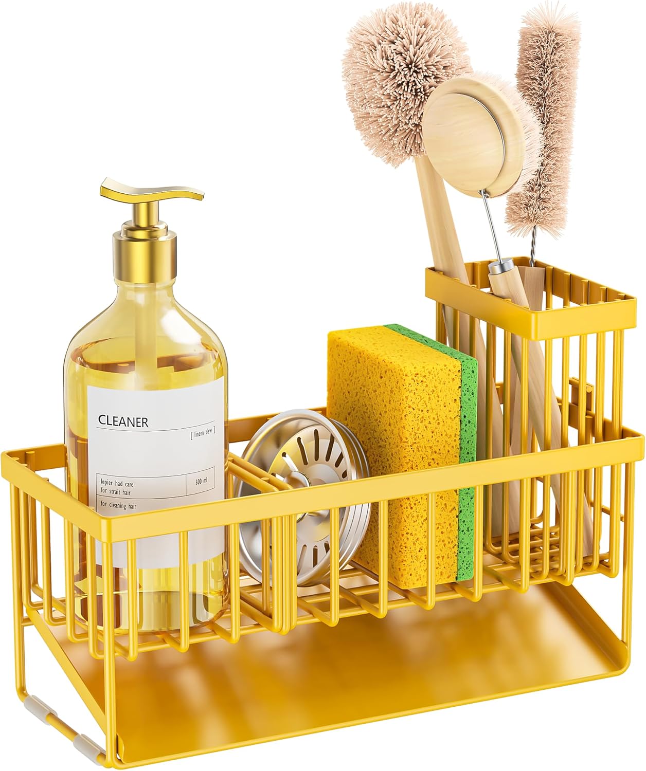 304 Countertop Cisily Lemon Yellow Sink Caddy Organzier with High Brush Holder, Sponge Holder for Sink, Rustproof