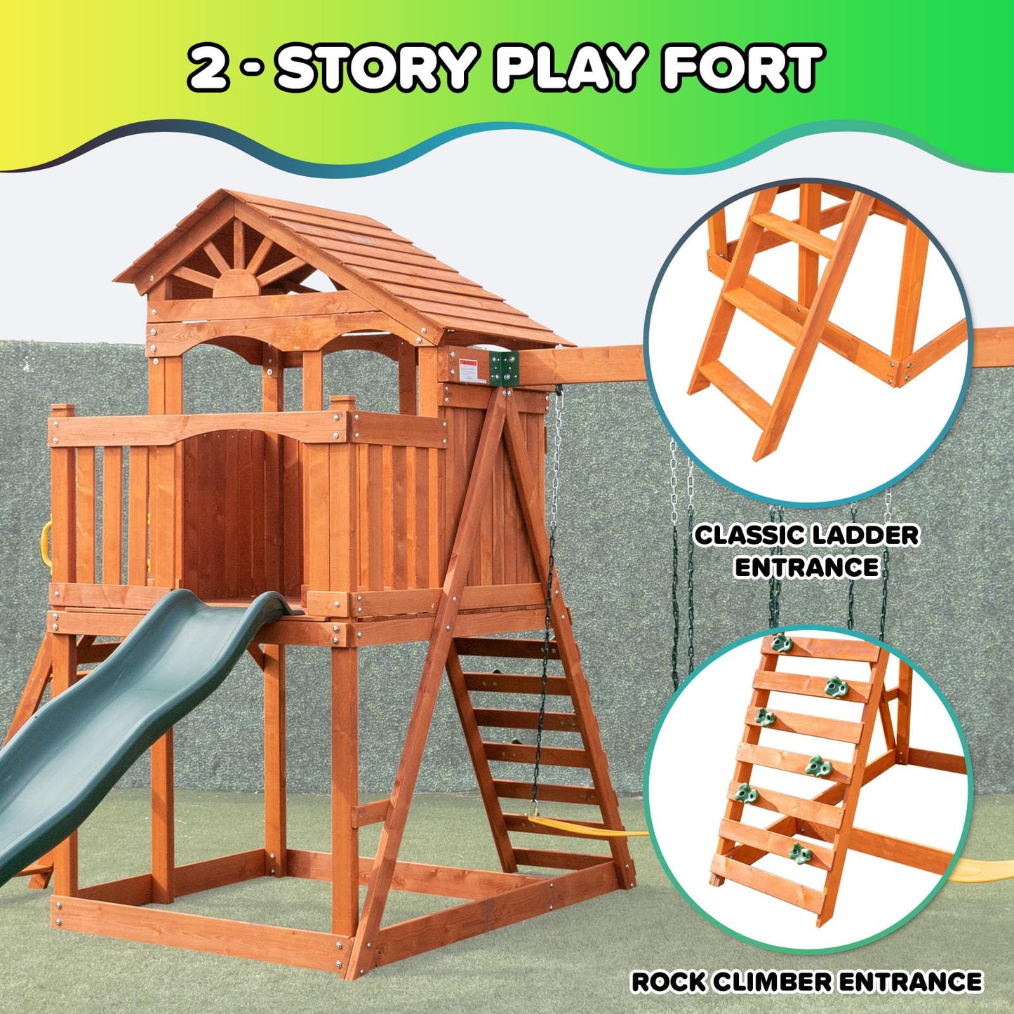 Sportspower 8-in-1 Blue Ridge Wooden Swing Set with Roofed Clubhouse & Balcony, 2 Belt Swings, 2-Person Roman Glider, 8ft Slide, Sandbox & Rock Climber, Anchor Kit Included