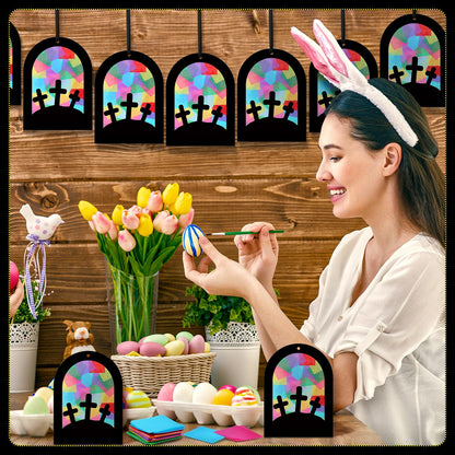 Marsui 36 Sets Easter Crafts Kit for Adults Christian Cross Suncatcher Easter Religious Church Cross Tissue Paper Craft DIY Suncatchers Hanging Ornaments for Home Window Party Supplies