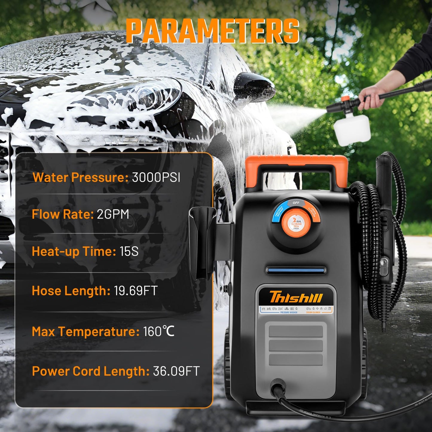 This Hill 2-in-1 Pressure Washer and Steam Cleaner, 3000 PSI 2 GPM Power Washer, 1500W Steam Cleaner with 1L Tank, Portable Cleaning Machine for Car Detailing, Patio, Tile, Grout, Furniture