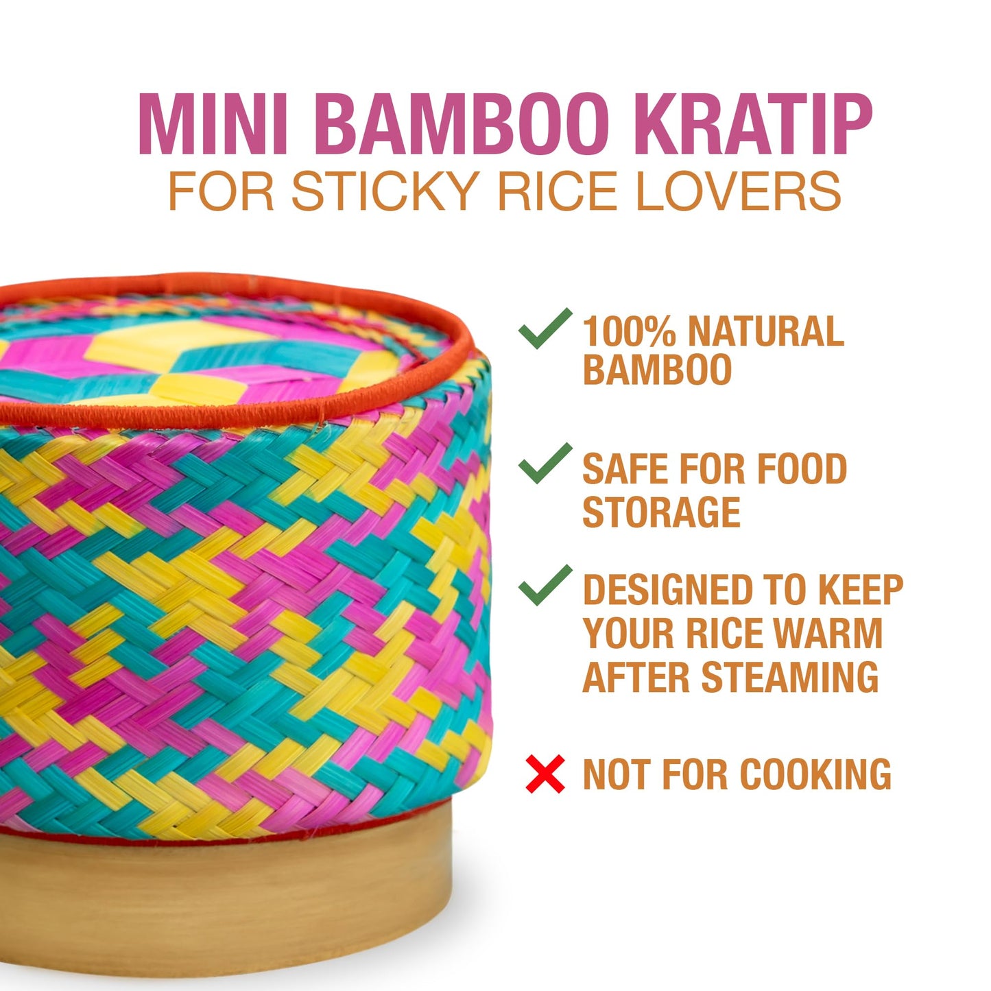 Panwa Mini Bamboo Sticky Rice Serving Basket Set – 4-Piece 4" Diameter Thai Wicker Kratip, Handmade Bamboo Sticky Rice Container, Food Safe for Authentic Thai Cuisine