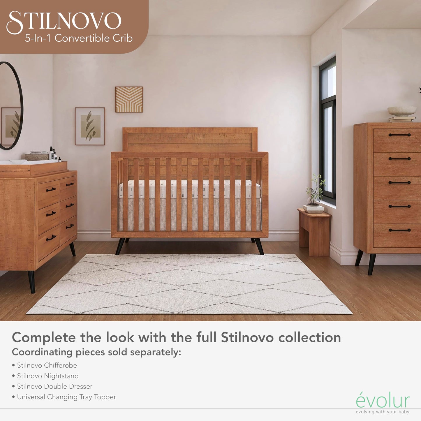 Evolur Stilnovo Mid-Century 4-in-1 Convertible Crib in Sugarcane – Greenguard Gold Certified, Solid Wood Construction, 3 Mattress Heights – Converts to Toddler, Daybed & Full-Size Bed