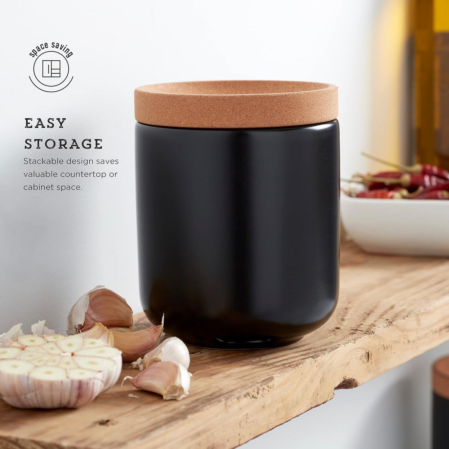 Ceramic and Cork Breathable Garlic Keeper to Allow Air Flow for Freshness, Stackable Space Saving Cork Lid, Natural