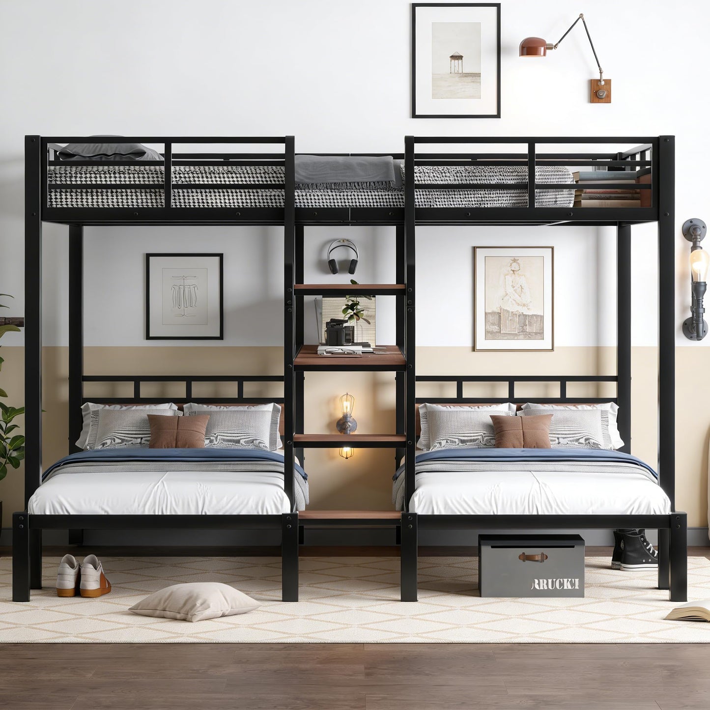 Bellemave Queen Over Twin Over Twin Bunk Beds for 3 Kids,Metal Heavy Duty Triple Bunk Bed Frame with Stairs and Storage Shelf,3 Bed Bunk Beds,Twin Size Triple Bed,Black