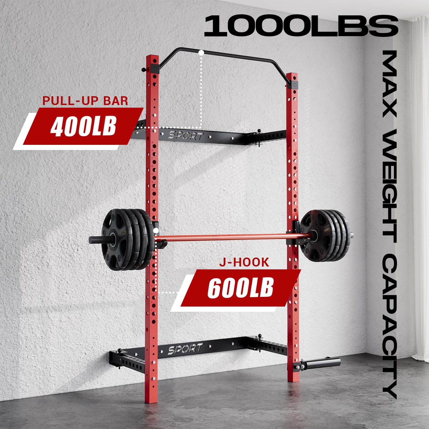 PeacefulHues Folding Wall Mounted Squat Rack, 1000 Pounds Capacity Power Rack with Pull Up Bar, J Hooks and Other Attachments, Space Saving Multi-Functional Power Cage for Home Gym