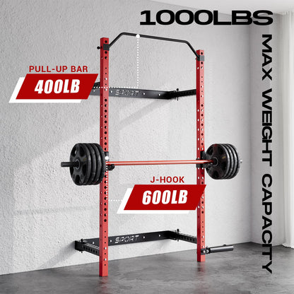 PeacefulHues Folding Wall Mounted Squat Rack, 1000 Pounds Capacity Power Rack with Pull Up Bar, J Hooks and Other Attachments, Space Saving Multi-Functional Power Cage for Home Gym