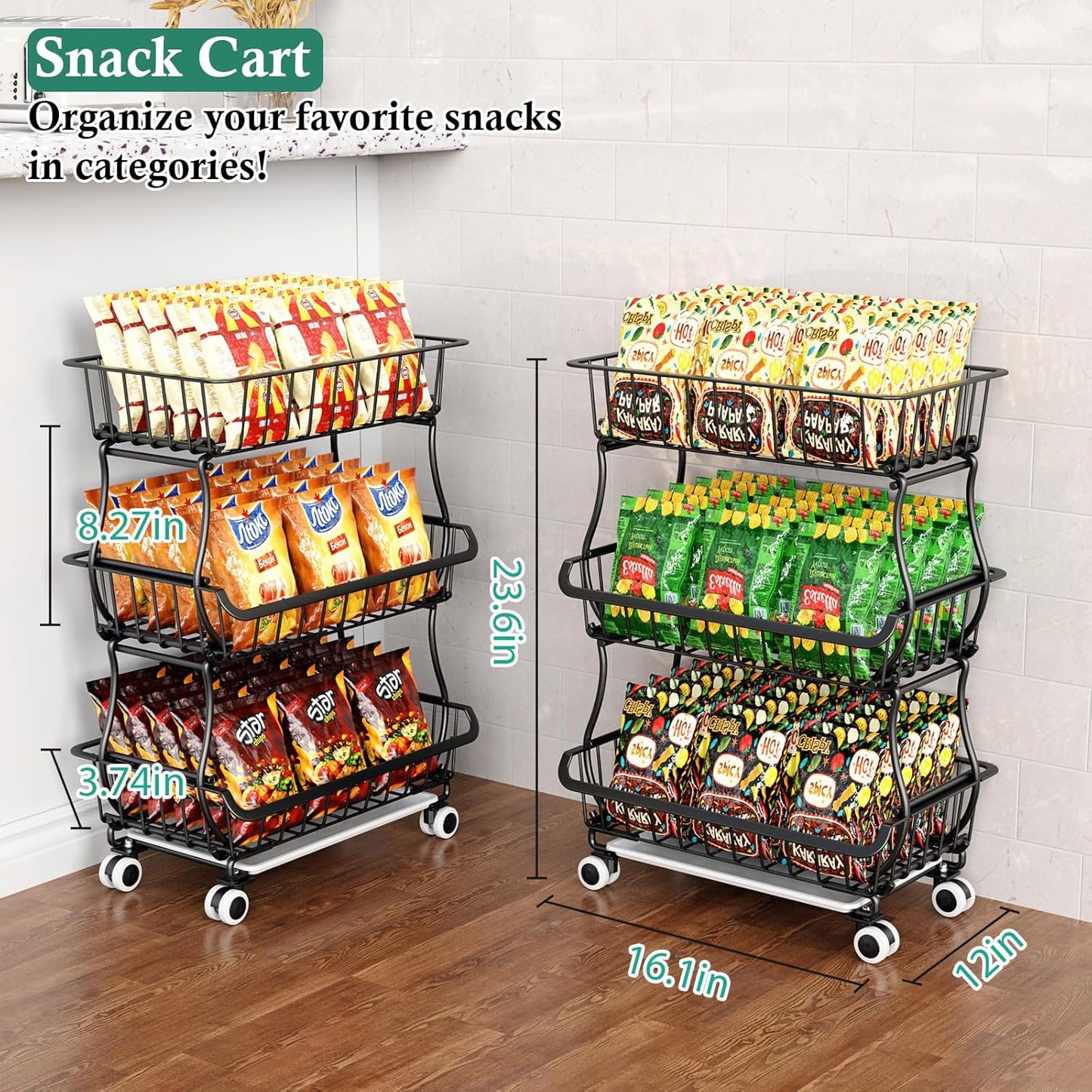 3-Tier Rolling Pantry Floor Organizer and Storage Cart with Wheels, Stackable Wire Pantry Baskets for Pantry Shelves, Kitchen Fruit Basket Stand and Storage Rack for Fruit Snack Onion Potato