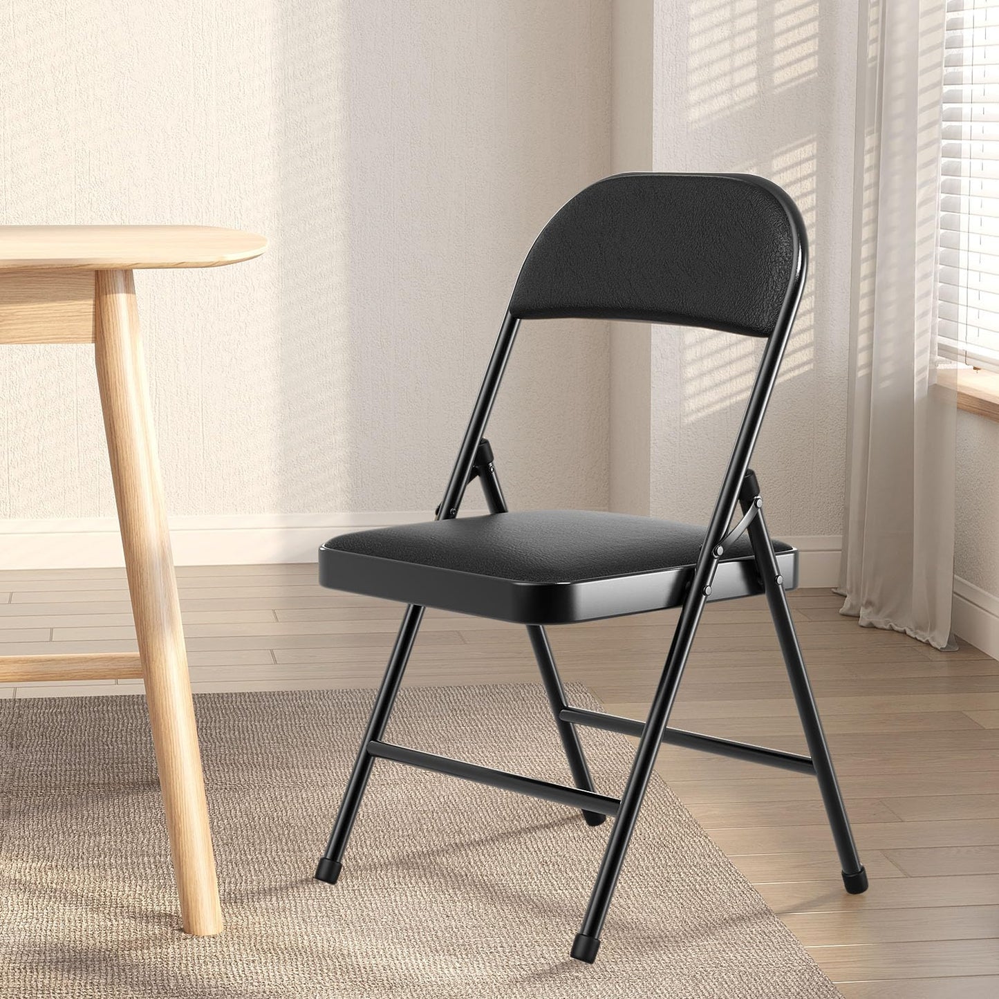 Nazhura 4 Pack Folding Chairs with Padded Vinyl Cushion Chairs with Comfortable Cushion and Durable Steel Frame for Home and Office, for Indoor and Outdoor Events (Black Vinyl Padding 16 Pack)