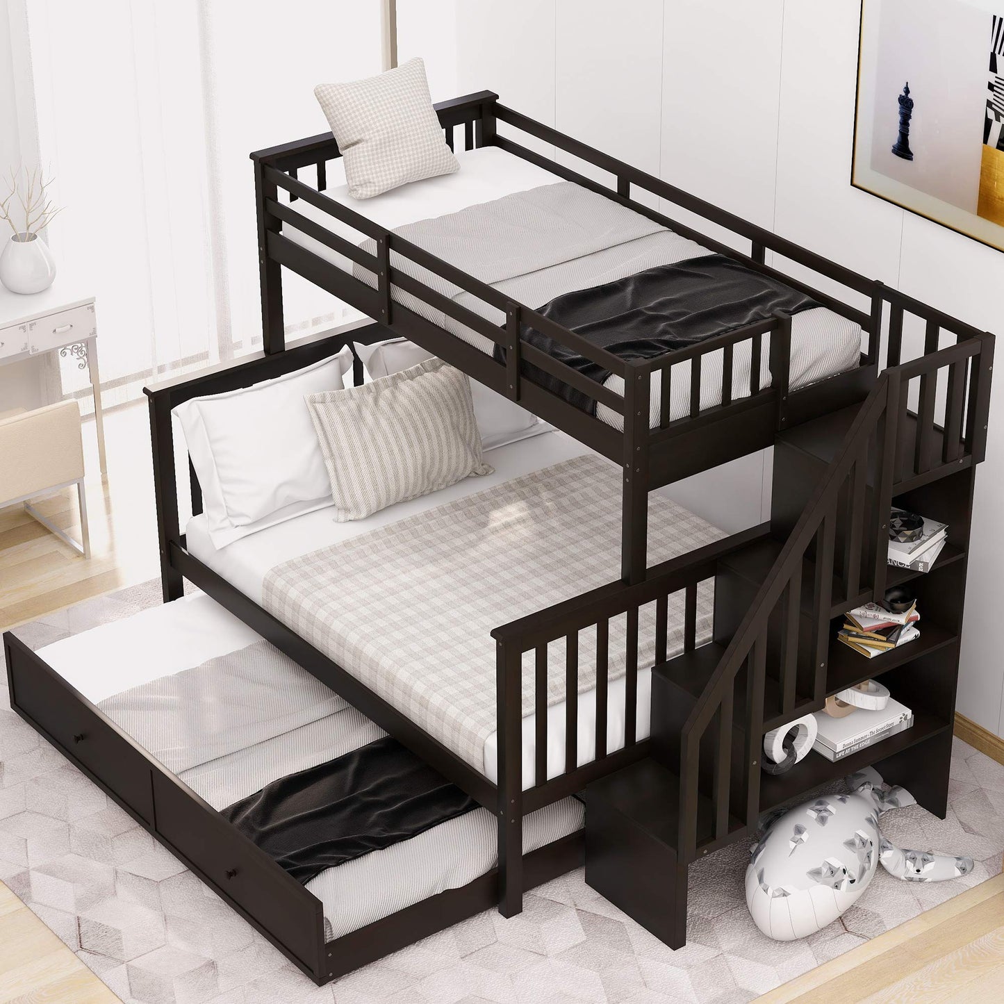 Ball & Cast Twin-Over-Full Bunk Bed with Twin Size Trundle and Storage Ladder,Wood Bunkbed w/Slat Support & Full-Length Guard Rail,Space Saving,Bedframe Furniture for Student Dorms,Studio,Espresso