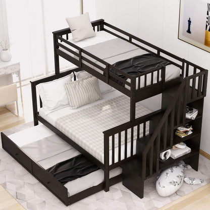 Merax Stairway Twin-Over-Full Bunk Bed with Twin Size Trundle, Storage and Guard Rail for Bedroom, Dorm, for Adults, Espresso