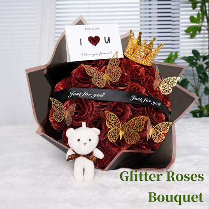 Husenic Glitter Roses Bouquet, DIY Fake Glitter Flowers Bouquet, Everlasting Shiny Artificial Red Rose Bouquet, Anniversary, Engagement, Wedding,Pink,12 Roses