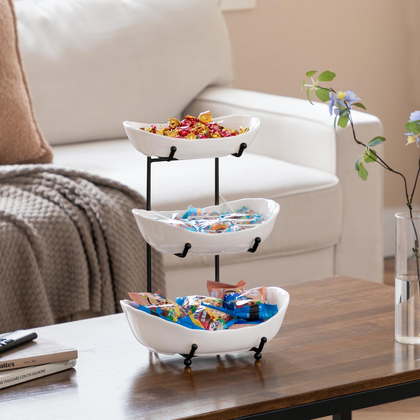HBlife Fruit Bowl for Kitchen Counter - 3 Tier Ceramic Fruit Rack, Fruit Basket for Fresh Fruit&Veggies, Tiered Fruit Platter Serving Trays for Party