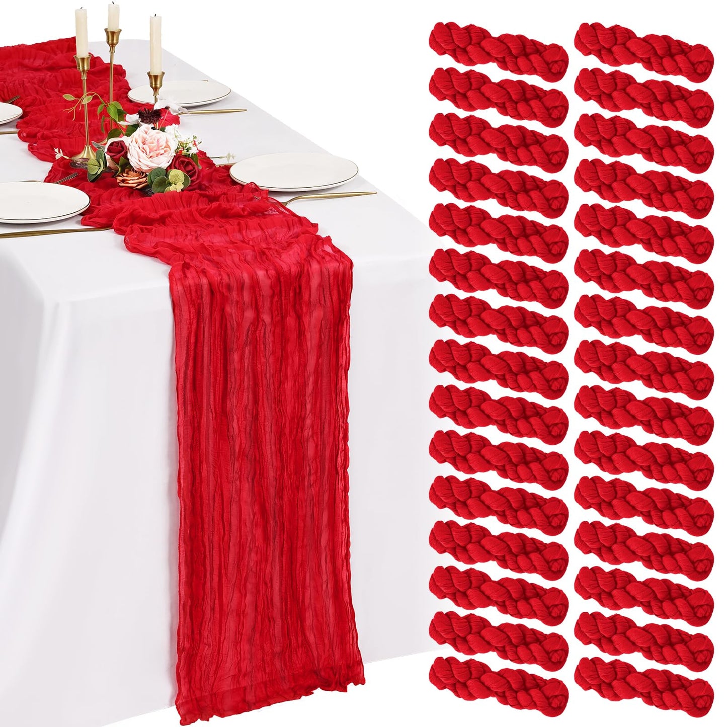30 Pack Cheesecloth Table Runner 10FT Red Table Runner Boho Gauze Cheese Cloth Table Runners Long Rustic Sheer Table Decorations for Wedding Party Baby Bridal Shower Birthday Holiday Home
