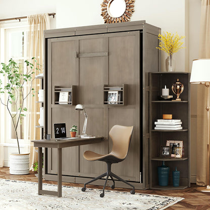 DNYN Rotating Queen Size Murphy Bed Frame with Foldable Desk and Hidden Wall Cabinet for Guest/Study Room, Space-Saving Foldable Wall Bed with Extra Storage Racks, No Box Spring Needed