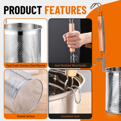NSDXK 2 Pack Pasta Basket, Stainless Steel Mesh Noodle Strainer Basket with Wooden Handle, for Boiling Food, Pasta, Noodles, Dumpling, Ramen, 4.3''D x 5.7''H