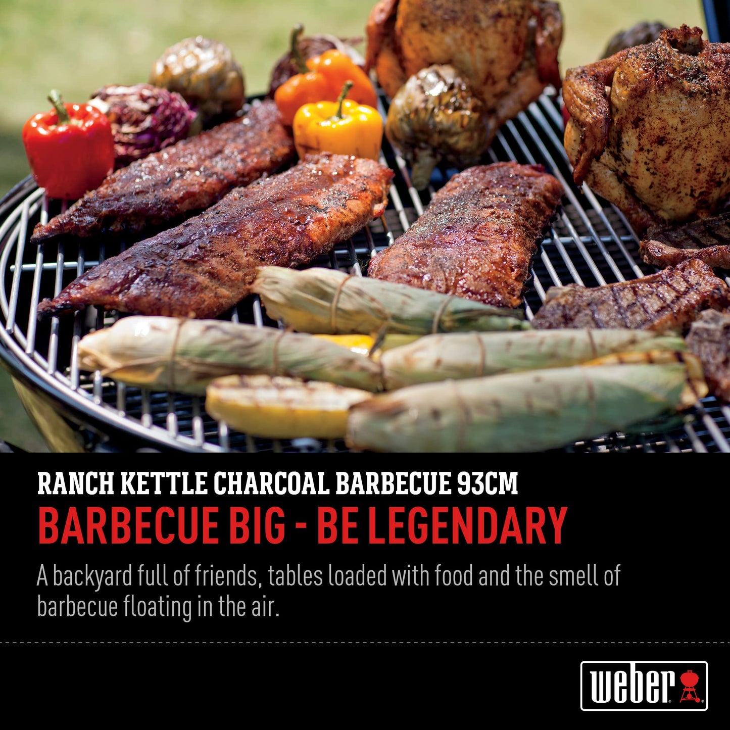 Weber The Ranch Charcoal Kettle Grill, 37" – Massive Outdoor BBQ Grill with Stainless Steel Hinged Cooking Grate, Tuck-Away™ Lid Holder & Porcelain‑Enameled Bowl
