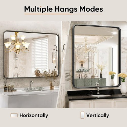 DUMOS Black Metal Framed Vanity Mirror - 36x24 Inch Rounded Rectangle Design for Modern Bathrooms | Versatile Hanging Options