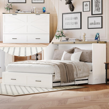 Ball & Cast Murphy Bed Queen,Farmhouse Hideaway Cabinet Bed with Charging Station and Large Storage Drawer,Foldable Wall Murphy Beds w/Slat Support,Space-Saving Furniture for Study,Office,White