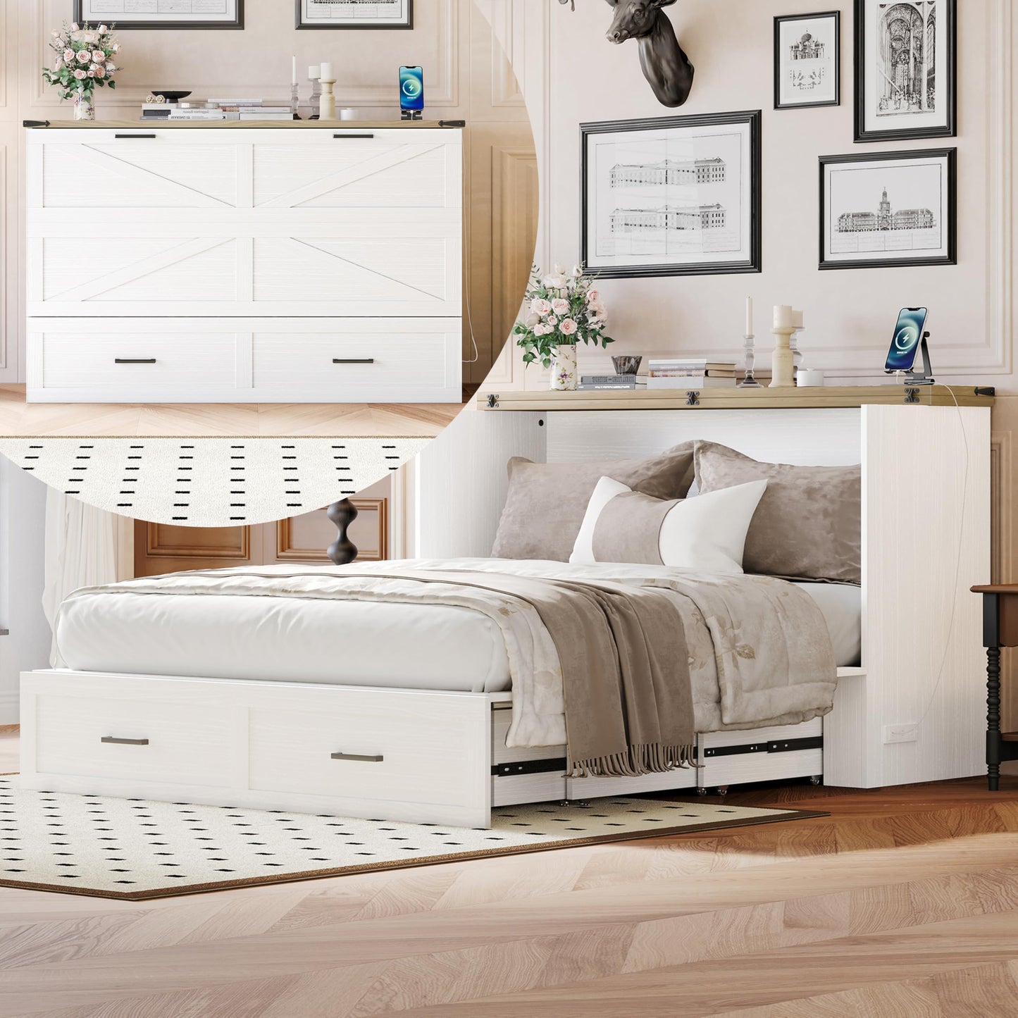 Merax Modern Farmhouse Solid Wood Murphy Cabinet Bed with Charging Station, Foldable Wall Platform Bed with Storage Drawer/No Box Spring Needed/Easy Assemble/Full, White