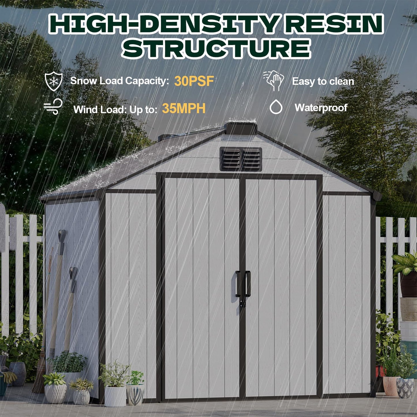 DNYKER 8 x 6 FT Plastic Outdoor Storage Shed, All-Weather Resin Garden Shed with Floor, Lockable Doors & Windows, Plastic Tool Shed for Patio，Poolside, Backyard