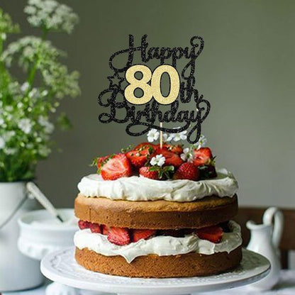 Happy 80th Birthday Cake Topper by [Brand Name] - Black Gold Glitter Design for 80th Anniversary Celebration