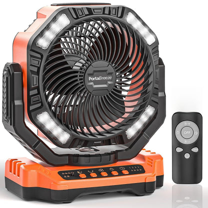 Porta Breeze 40000mAh Rechargeable Camping Fan w Light, Portable Battery Operated High Velocity Floor Table Fan; Oscillating w Timer, Remote for Outdoors, RV, Jobsite, Dorm, Patio, Weather Emergencies