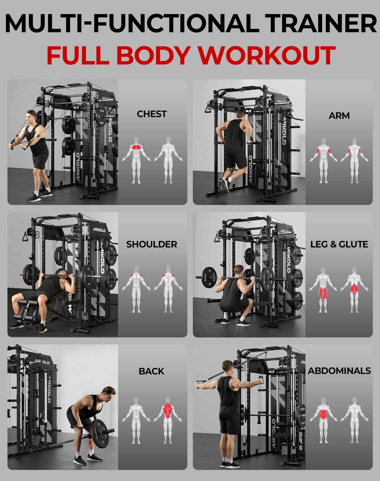 Mikolo Smith Machine with Weight Stack, Power Cage Home Gym System with LAT Pulldown & Cable Crossover, Multi-Functional Trainer with Dual Pulley System, Weight Bench, Cable attachments