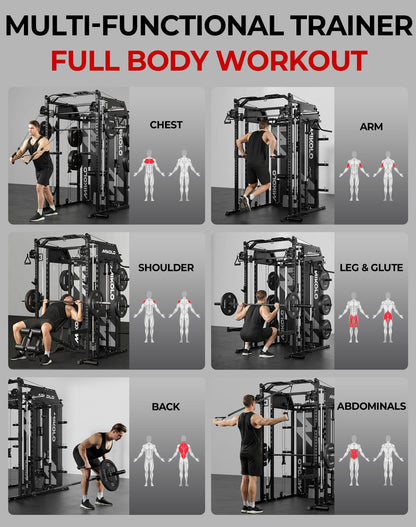Mikolo Smith Machine with Weight Stack, Power Cage Home Gym System with LAT Pulldown & Cable Crossover, Multi-Functional Trainer with Dual Pulley System, Weight Bench, Cable attachments