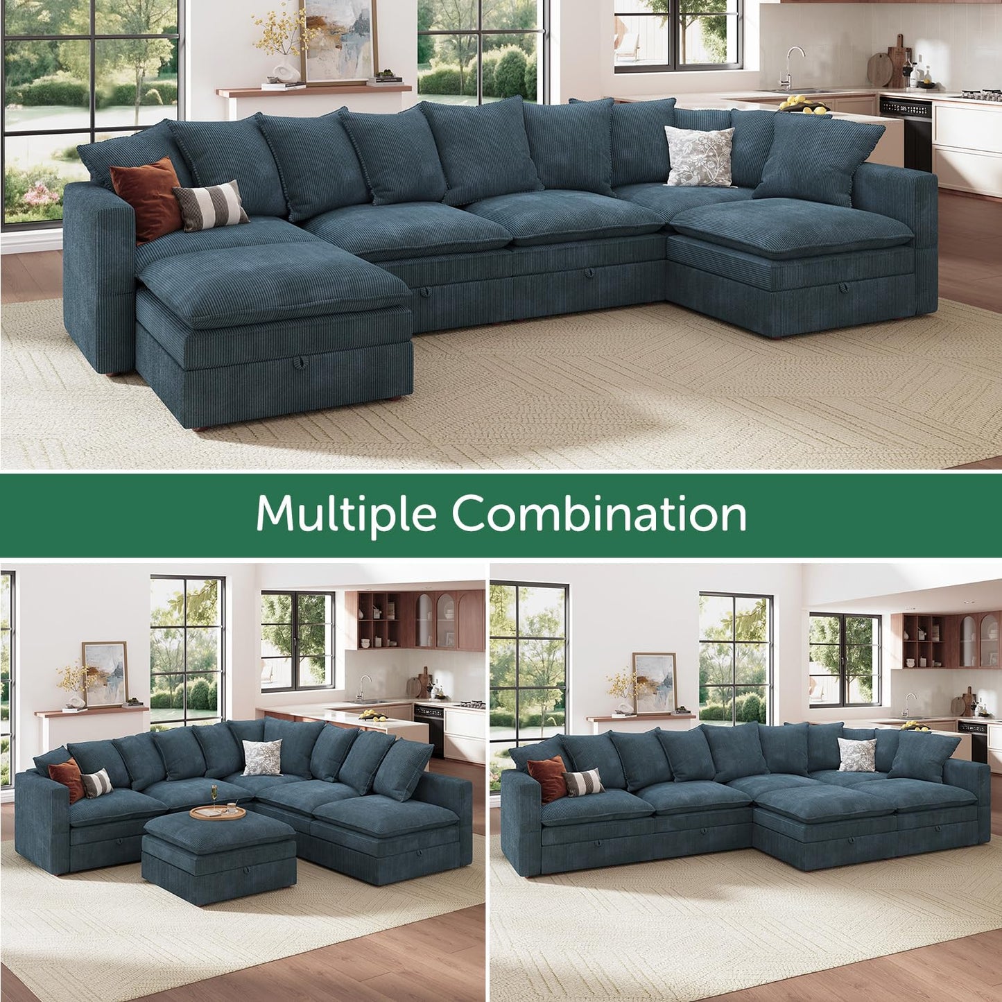 HONBAY Modular Sectional Sleeper Sofa, Corduroy 6 Seater Couch with Storage, Sectional Sleeper Couches for Living Room, Blue