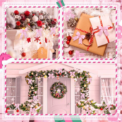 24 Pcs Pink Satin Ribbon Bows Christmas Tree Decorations, Christmas Wreath Bow Topper for Xmas Gift Packaging Home Wreath Fence Fireplace Wedding Party Decor