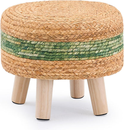 Handwoven Round Ottoman, Natural Water Hyacinth Outdoor Patio Pouf Seagrass Low Stool with Wood Legs, Soft Padded