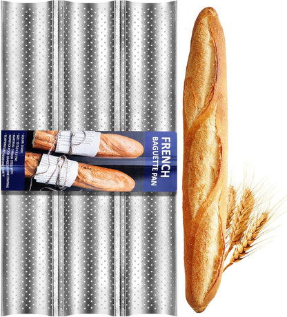 GGC 3-Loaf Baguette Bread Pan, Nonstick Perforated Grade Coating for Baking Crispy Baguettes