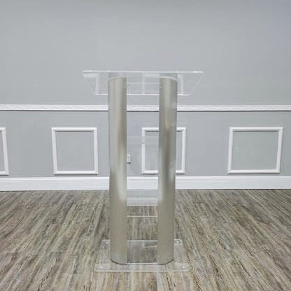 FixtureDisplays® Brushed Stainless Steel Sides Pulpit Clear Acrylic Plexiglass Podium Curved Lectern 14307NEW