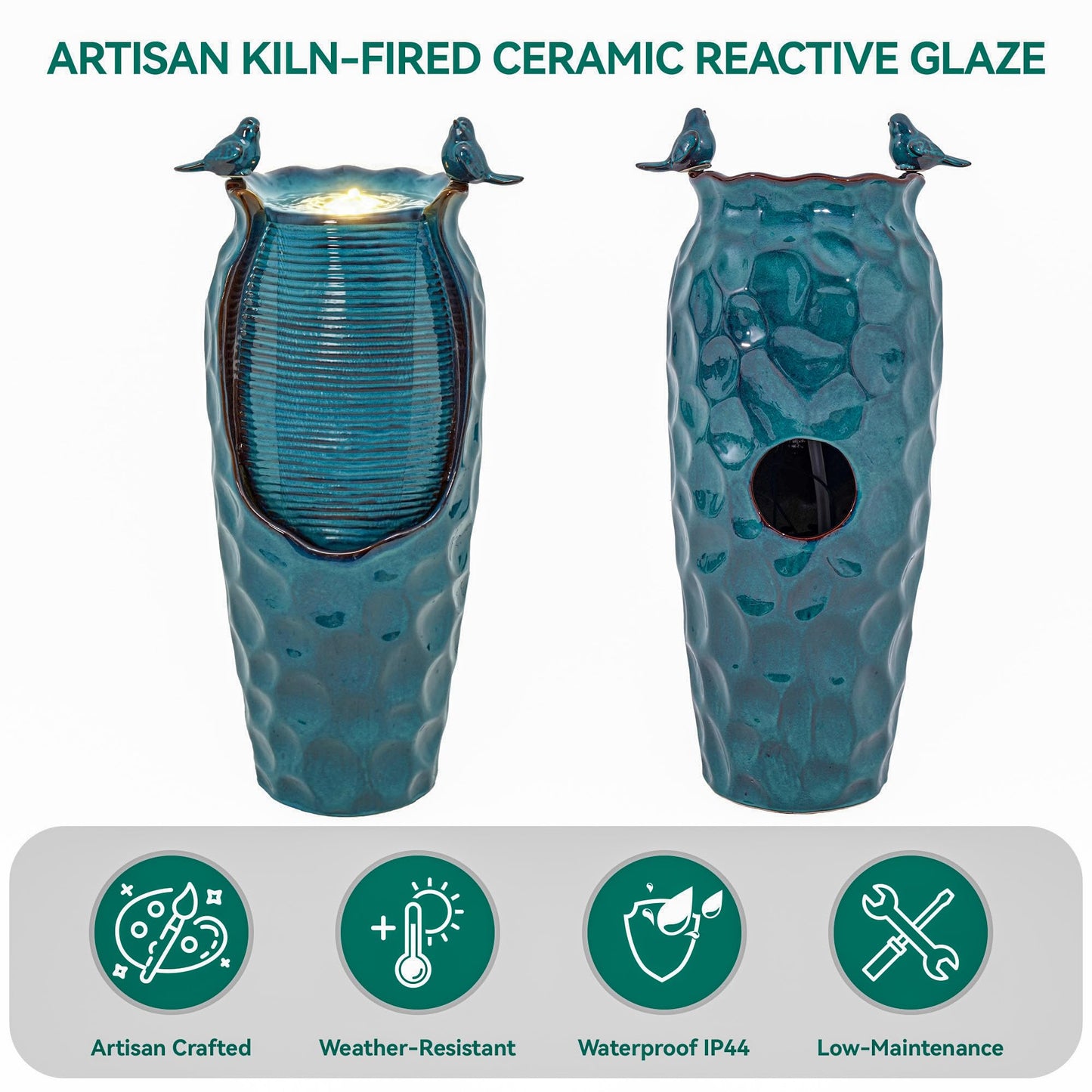 Autodaya 32.5" H Ceramic Jar Outdoor Fountain, Honeycomb Pot Water Feature with LED Lights, Soothing Trickling Waterfall for Garden, Patio, Yard, Balcony Oasis, KD Vivid Birds, Turquoise Glaze