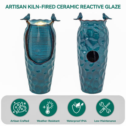 Autodaya 32.5" H Ceramic Jar Outdoor Fountain, Honeycomb Pot Water Feature with LED Lights, Soothing Trickling Waterfall for Garden, Patio, Yard, Balcony Oasis, KD Vivid Birds, Turquoise Glaze