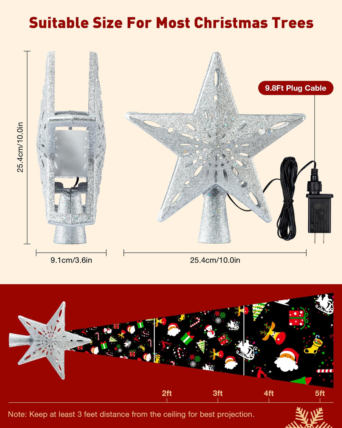 Christmas Tree Topper Lighted with 6 Patterns Projector, Christmas Star Tree Topper Built-in 3D Glitter LED Rotating Lights, Hollowed Christmas Tree Ornament for Xmas Party Holiday Decoration(Silver)
