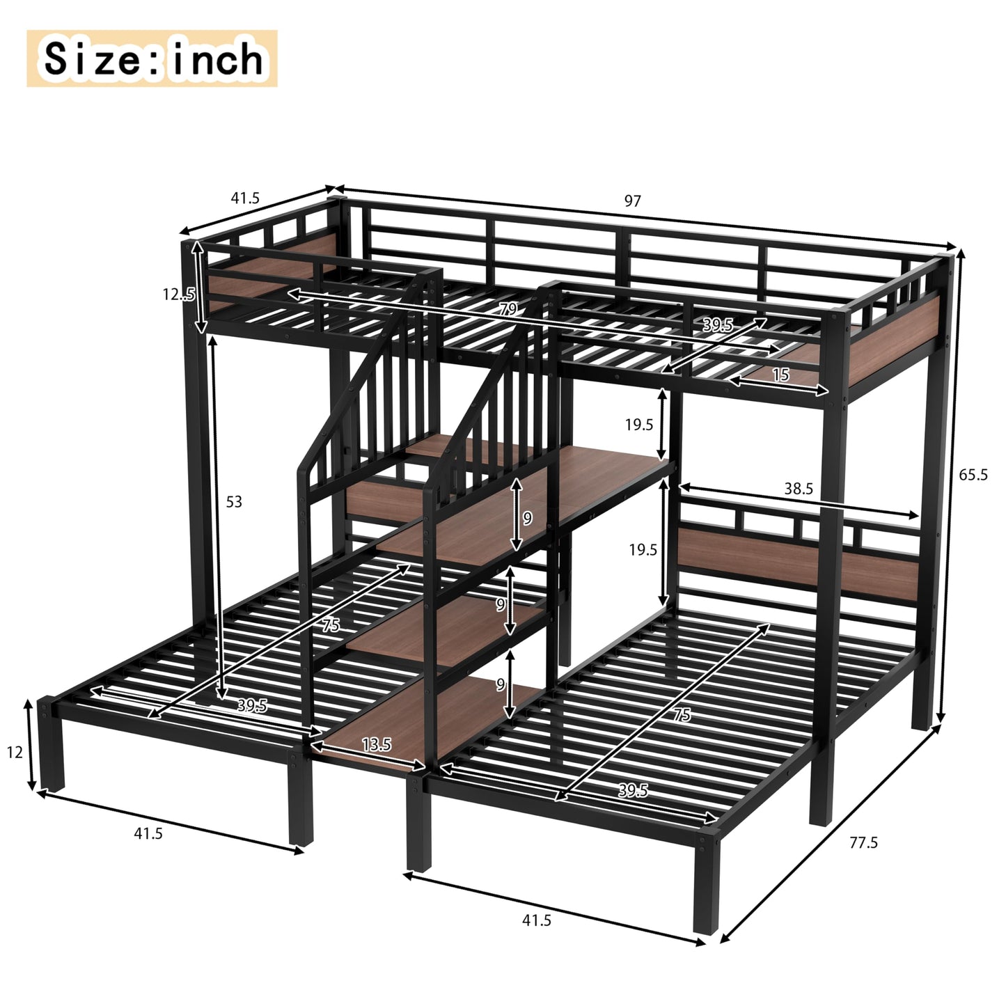 Bellemave Metal Twin Over Twin Over Twin Bunk Beds for 3 Kids, Heavy Duty Triple Bunk Bed Frame with Stairs and Storage Shelf,3 Bed Bunk Beds,Twin Size Triple Bed,Black
