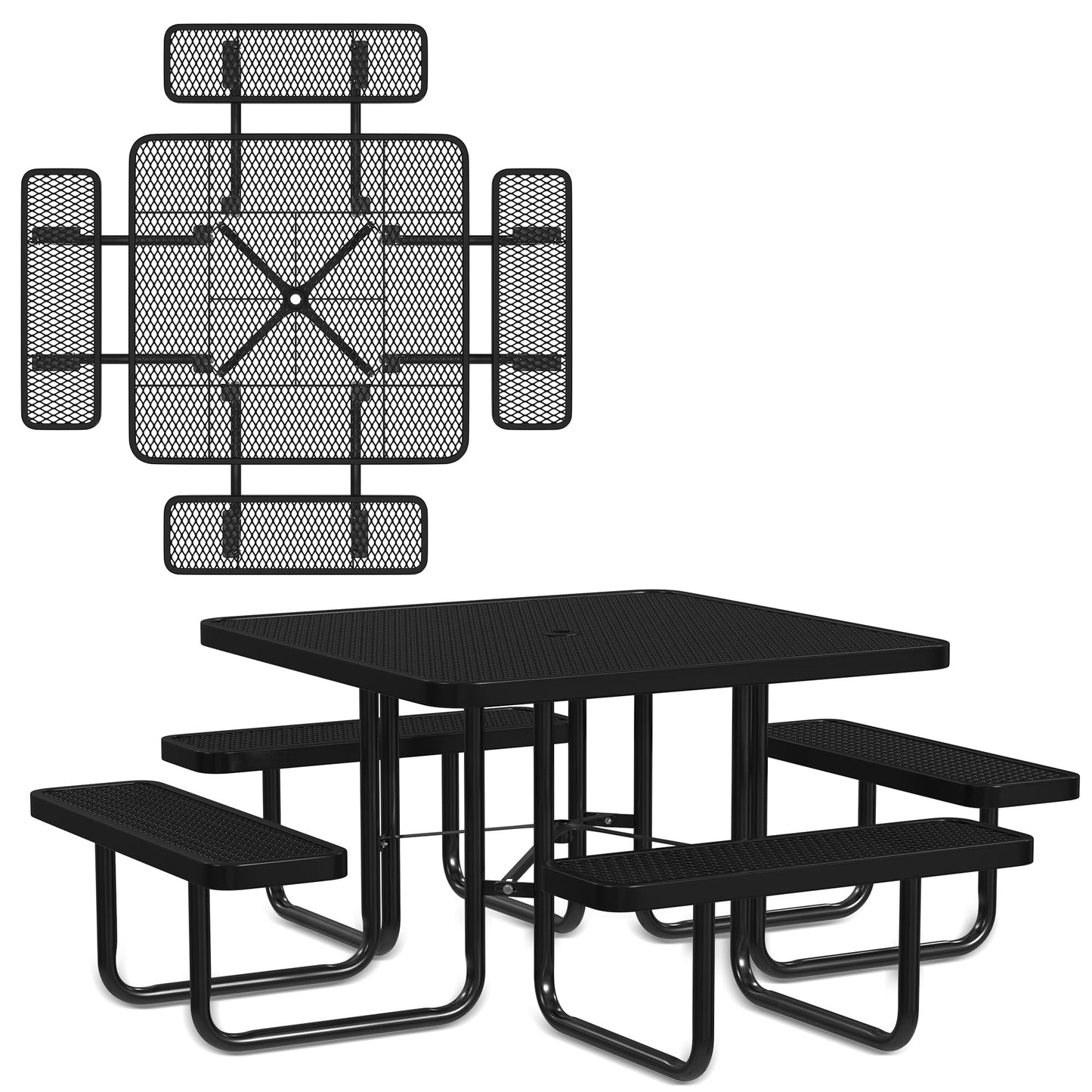 Leisure Craft Metal Picnic Table with Bench - 46" Square Outdoor Dining Table for 8 with Umbrella Hole, Weatherproof Heavy Duty Thermoplastic Coating, Commercial Grade Furniture Made in USA - Black