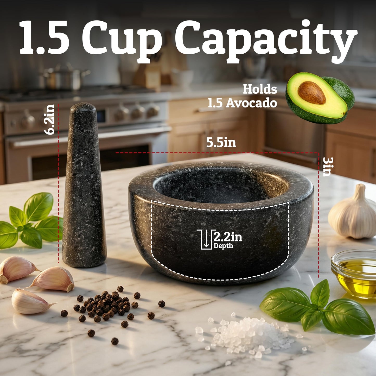 Priority Chef Heavy Duty Mortar and Pestle Set, 1.5 Cup, 100% Granite, Non Slip Base, Make Fresh Guacamole, Salsa, Pesto, Stone Grinder Bowl, Herb Crusher, Spice Grinder, 5.5 Inch - Black
