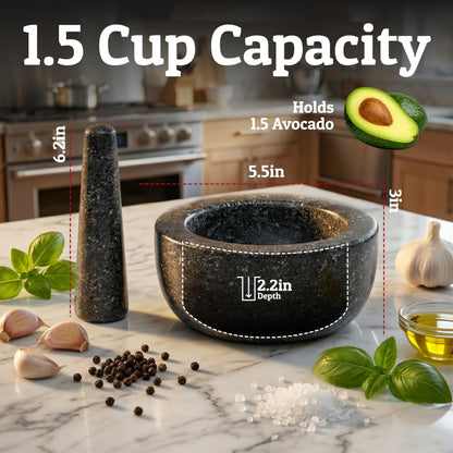 Priority Chef Heavy Duty Mortar and Pestle Set, 1.5 Cup, 100% Granite, Non Slip Base, Make Fresh Guacamole, Salsa, Pesto, Stone Grinder Bowl, Herb Crusher, Spice Grinder, 5.5 Inch - Black