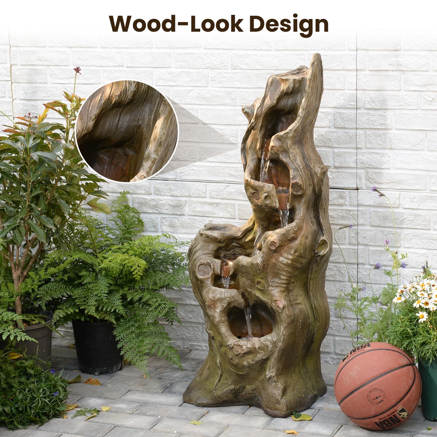 Sunlinua Water Fountain Outdoor 5-Tiers Large Cascading Realistic Tree Trunk Natural Waterfall Outdoor Fountains Resin Imitation Wood with LED Lights for Garden, Patio, Porch